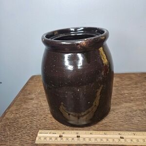 Vintage Antique Dark Brown Glazed Stoneware Crock Primitive Pottery Jar 6.5in